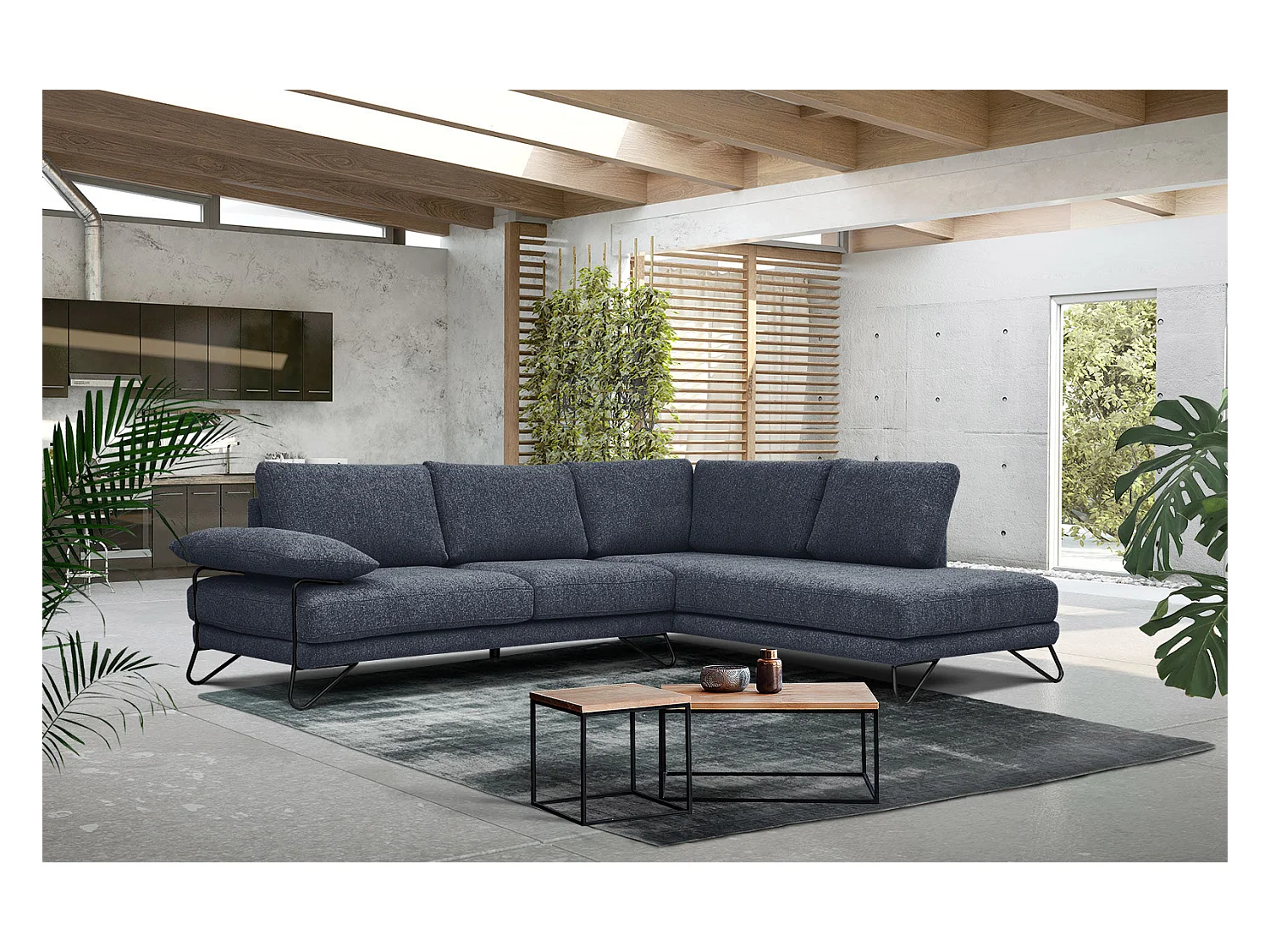 Canapé d'angle droit 5 places tissu bleu - Lori