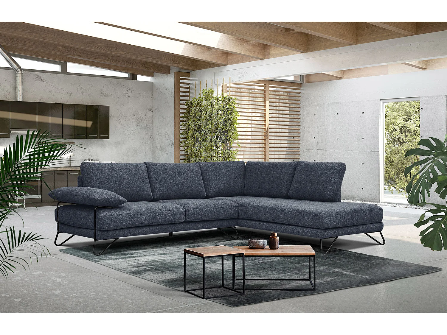 Canapé d'angle droit 5 places tissu bleu - Lori