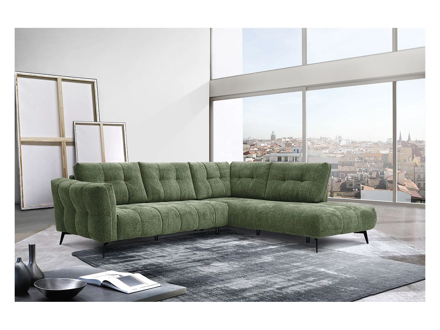 Canapé d'angle droit 5 places tissu vert