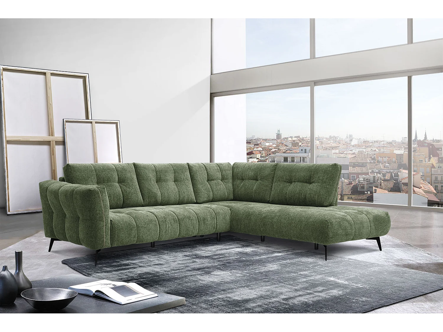 Canapé d'angle droit 5 places tissu vert