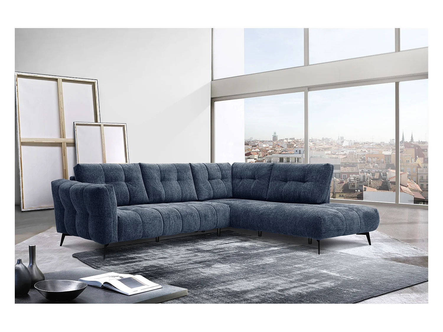 Canapé d'angle droit 5 places tissu bleu foncé