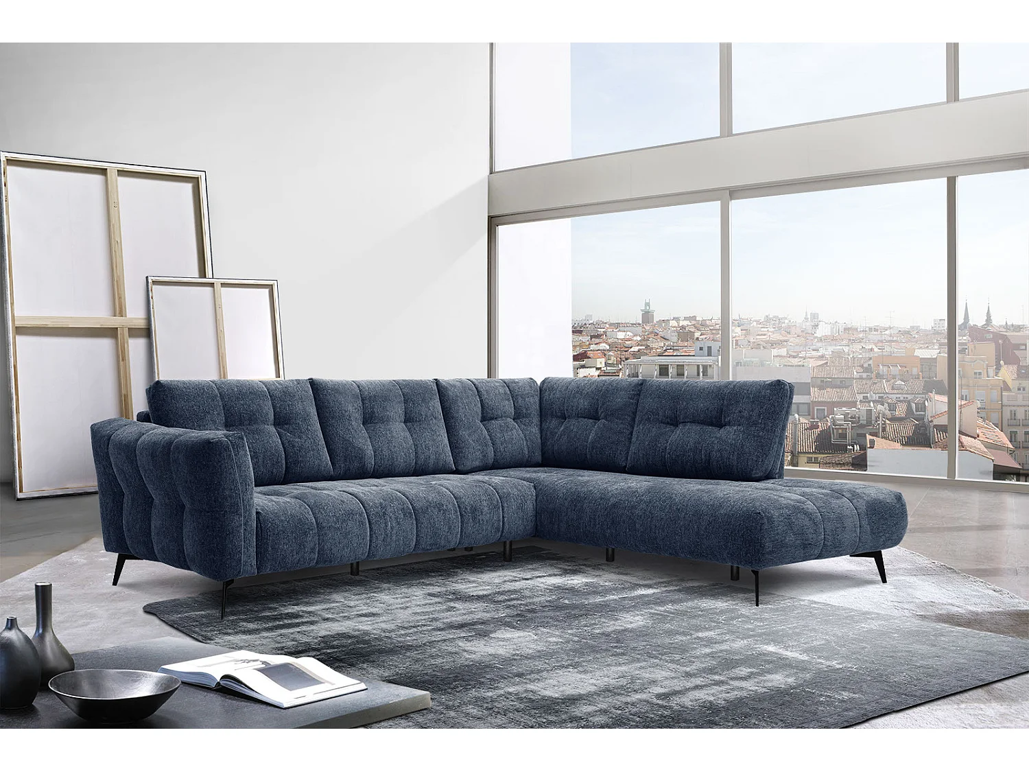 Canapé d'angle droit 5 places tissu bleu foncé