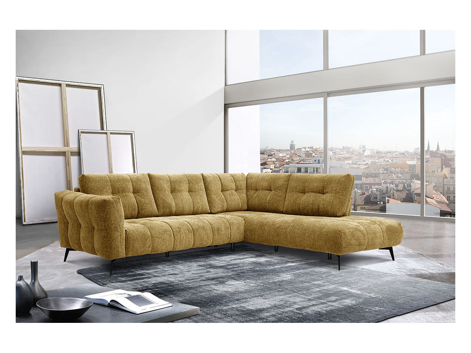 Canapé d'angle droit 5 places tissu jaune