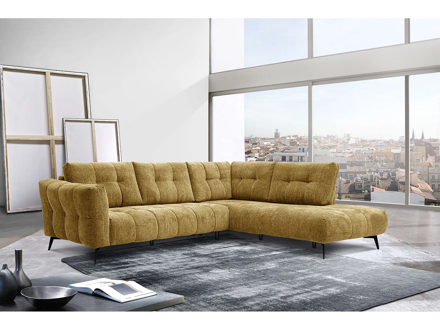 Canapé d'angle droit 5 places tissu jaune