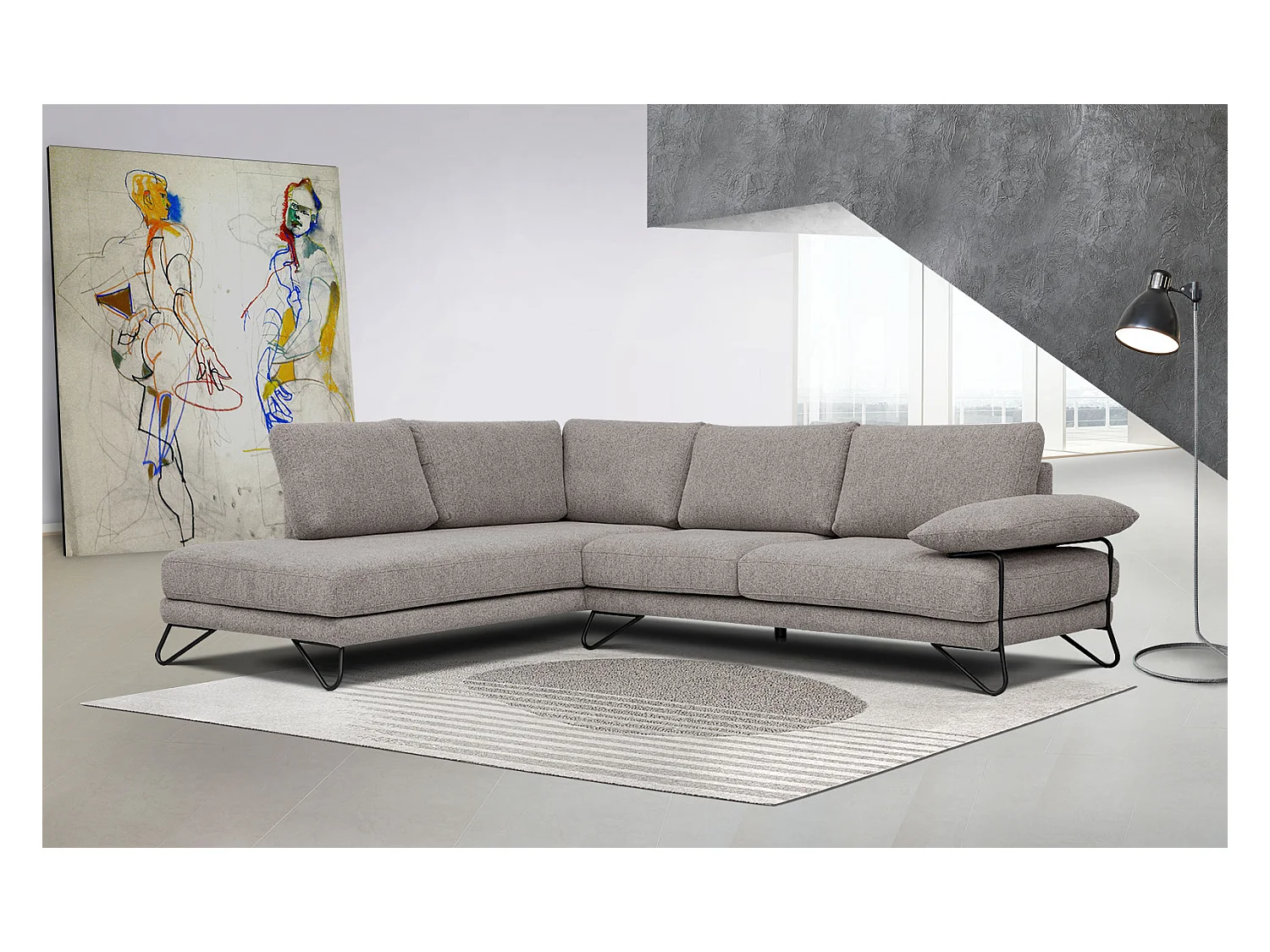 Canapé d'angle gauche 5 places tissu marron clair - Lori