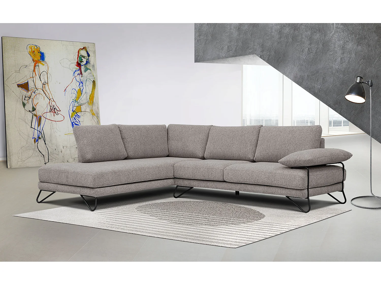 Canapé d'angle gauche 5 places tissu marron clair - Lori