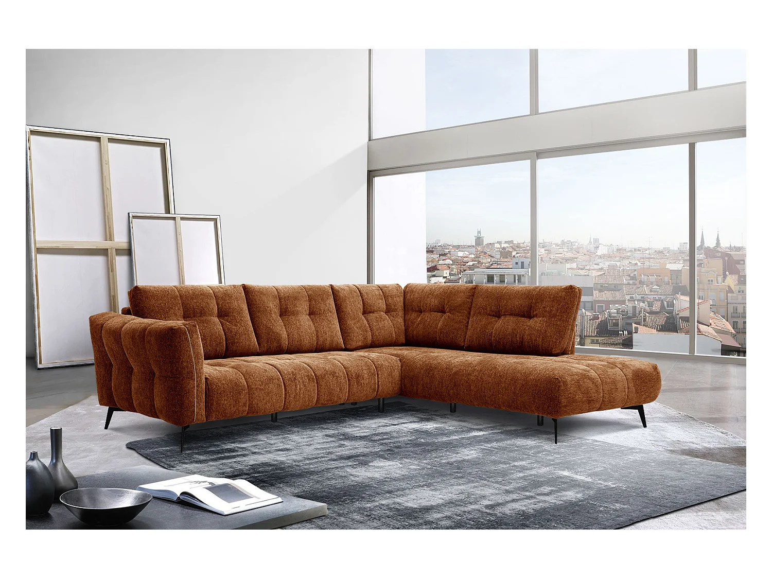 Canapé d'angle droit 5 places tissu brique