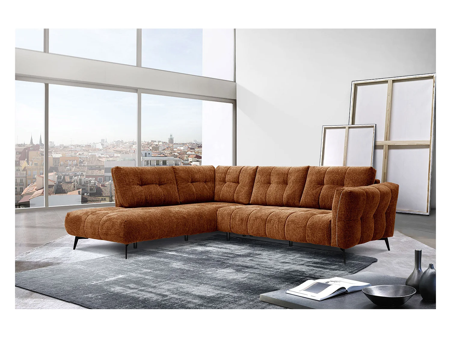 Canapé d'angle gauche 5 places tissu brique