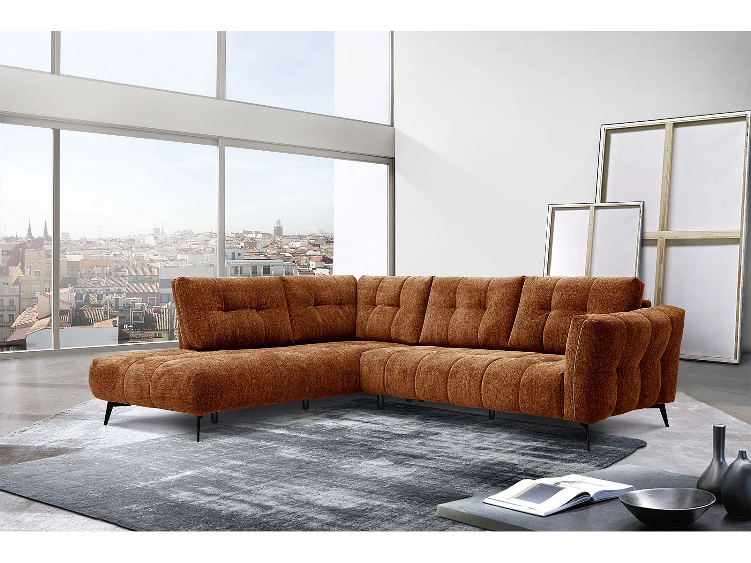 Canapé d'angle gauche 5 places tissu brique