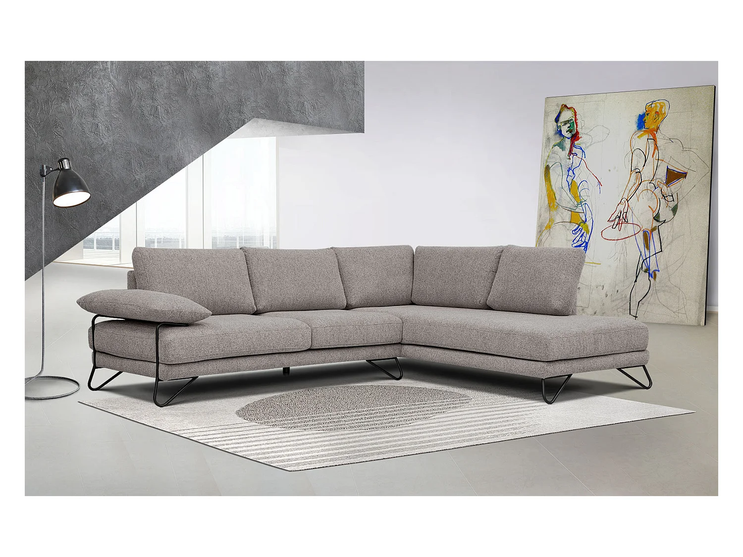 Canapé d'angle droit 5 places tissu marron clair - Lori