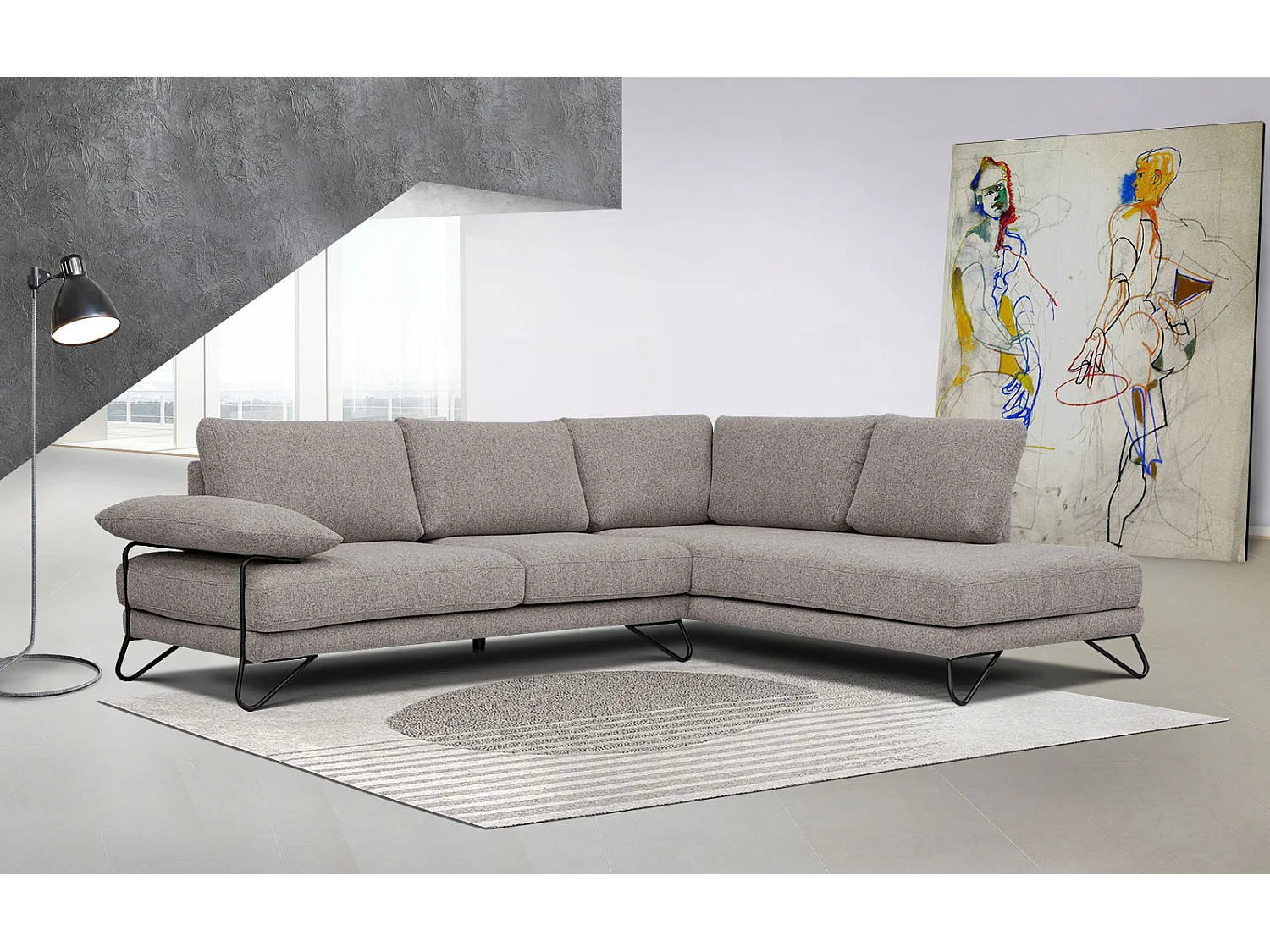 Canapé d'angle droit 5 places tissu marron clair - Lori