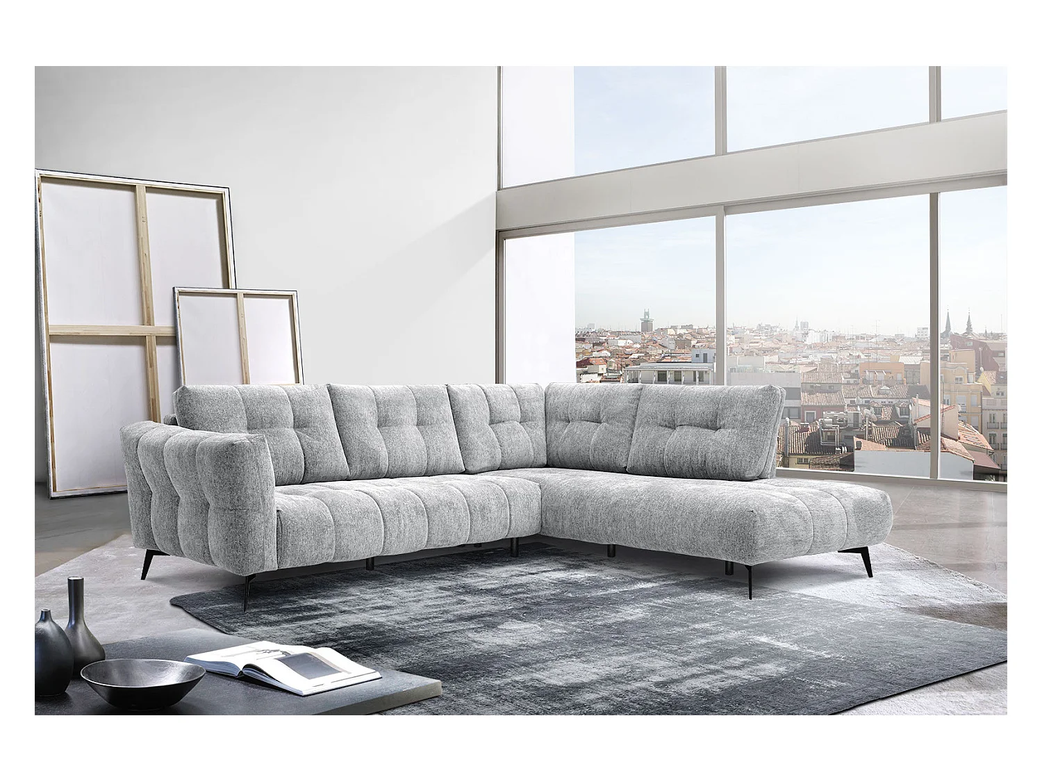 Canapé d'angle droit 5 places tissu gris clair