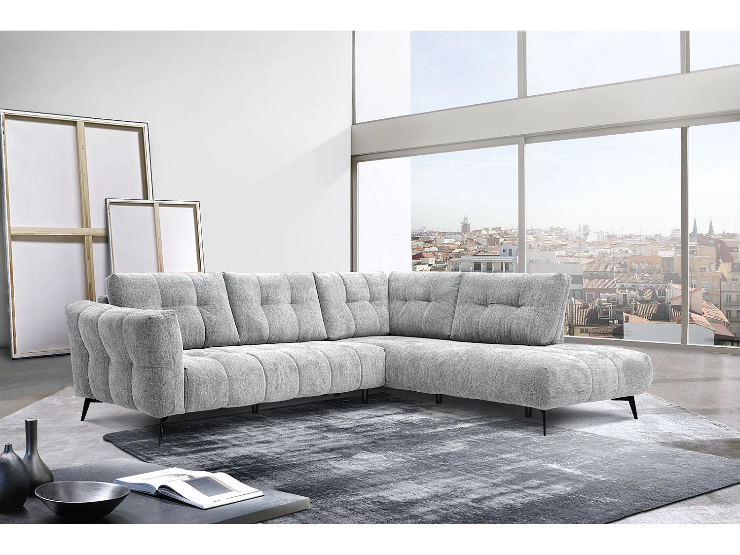 Canapé d'angle droit 5 places tissu gris clair