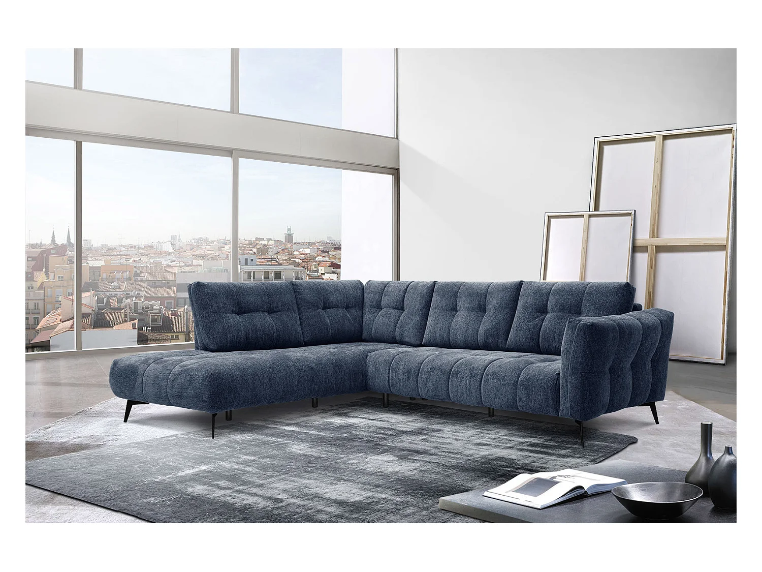 Canapé d'angle gauche 5 places tissu bleu foncé