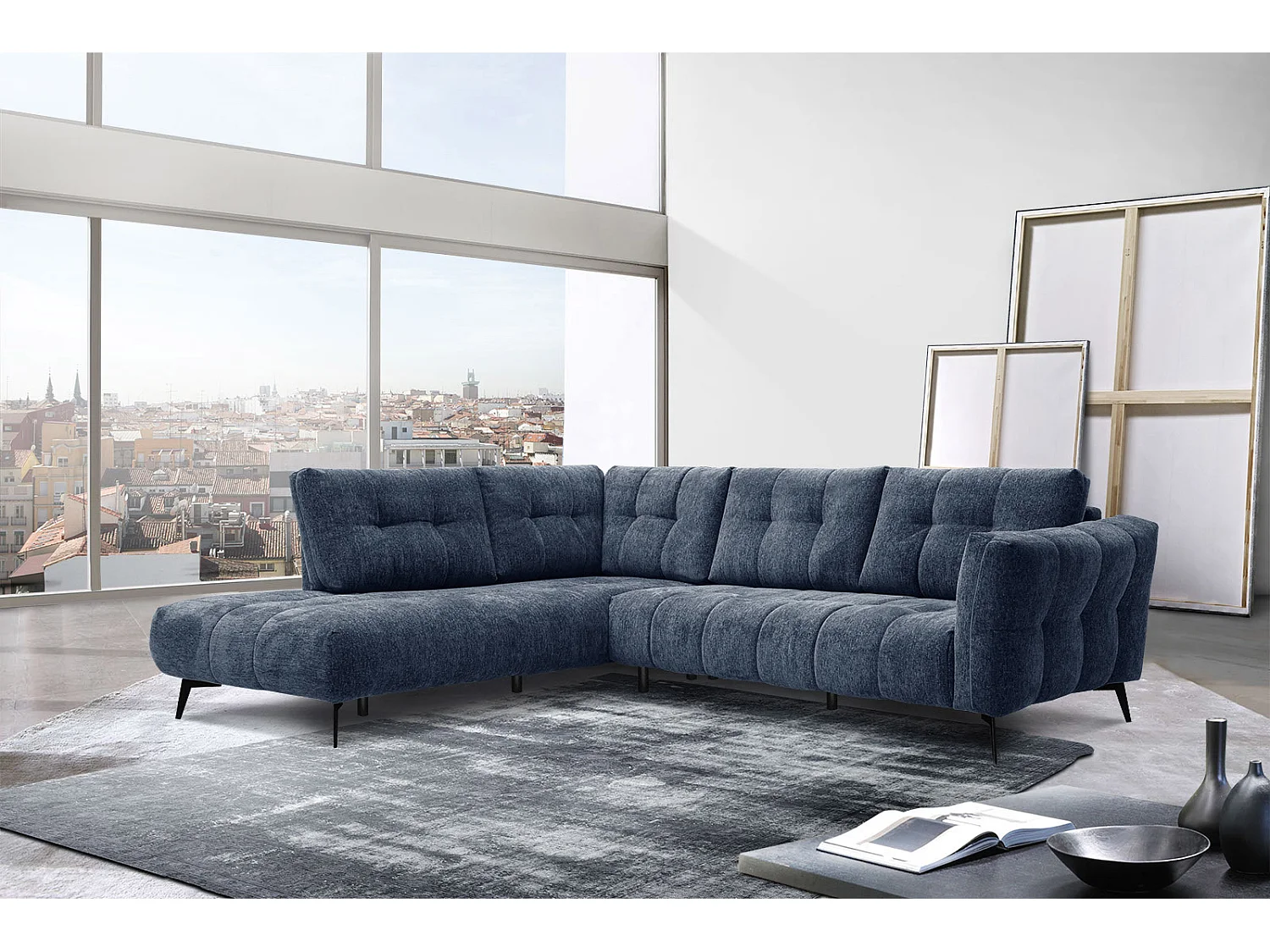 Canapé d'angle gauche 5 places tissu bleu foncé