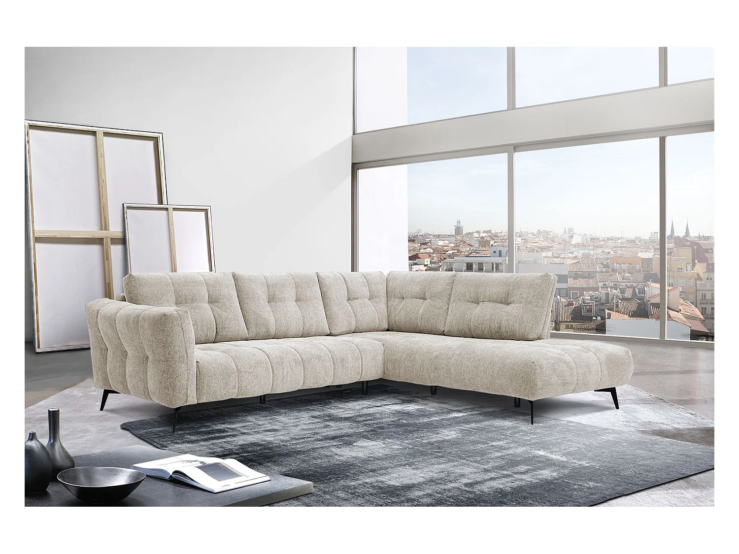 Canapé d'angle droit 5 places tissu beige