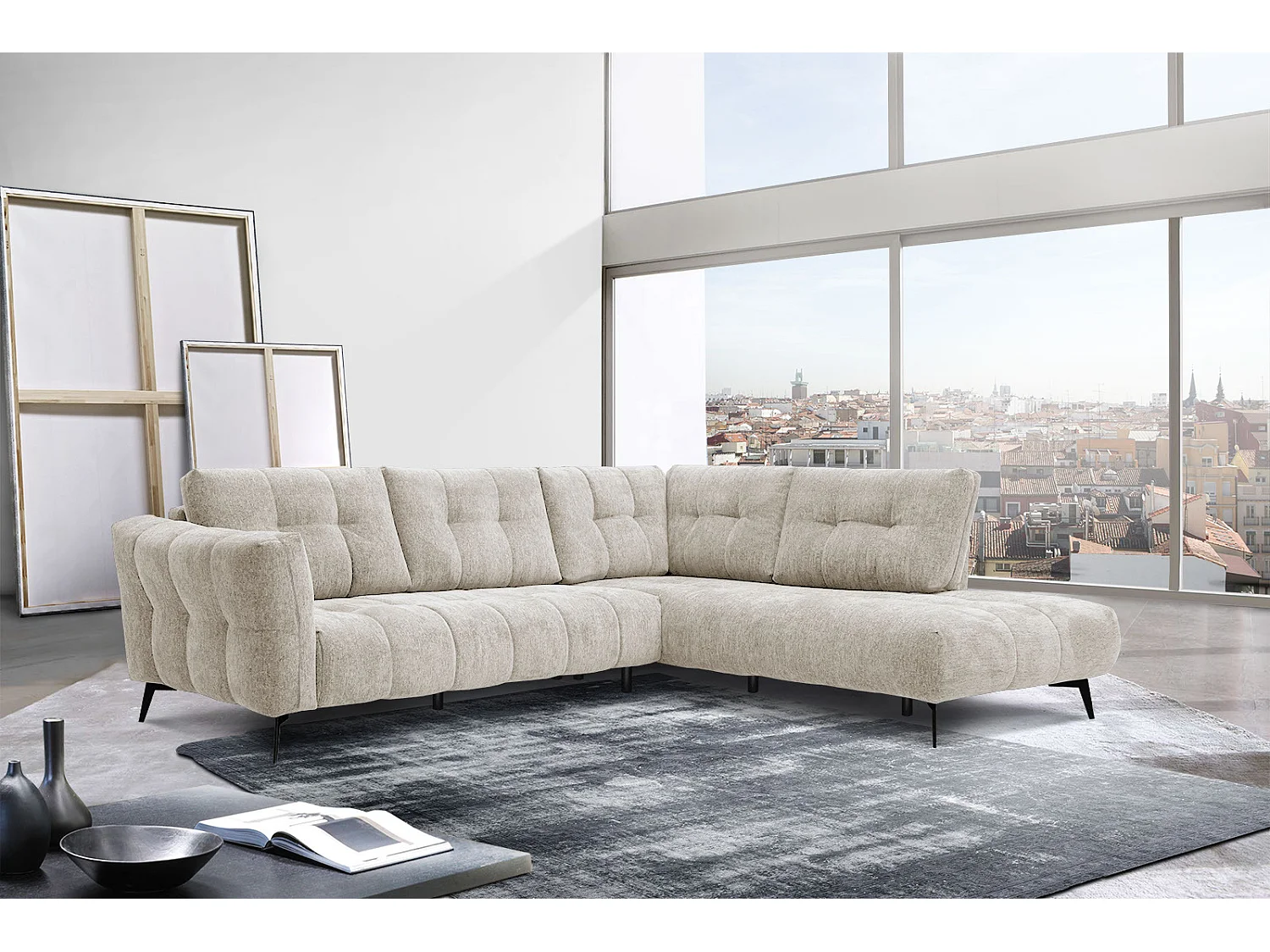 Canapé d'angle droit 5 places tissu beige