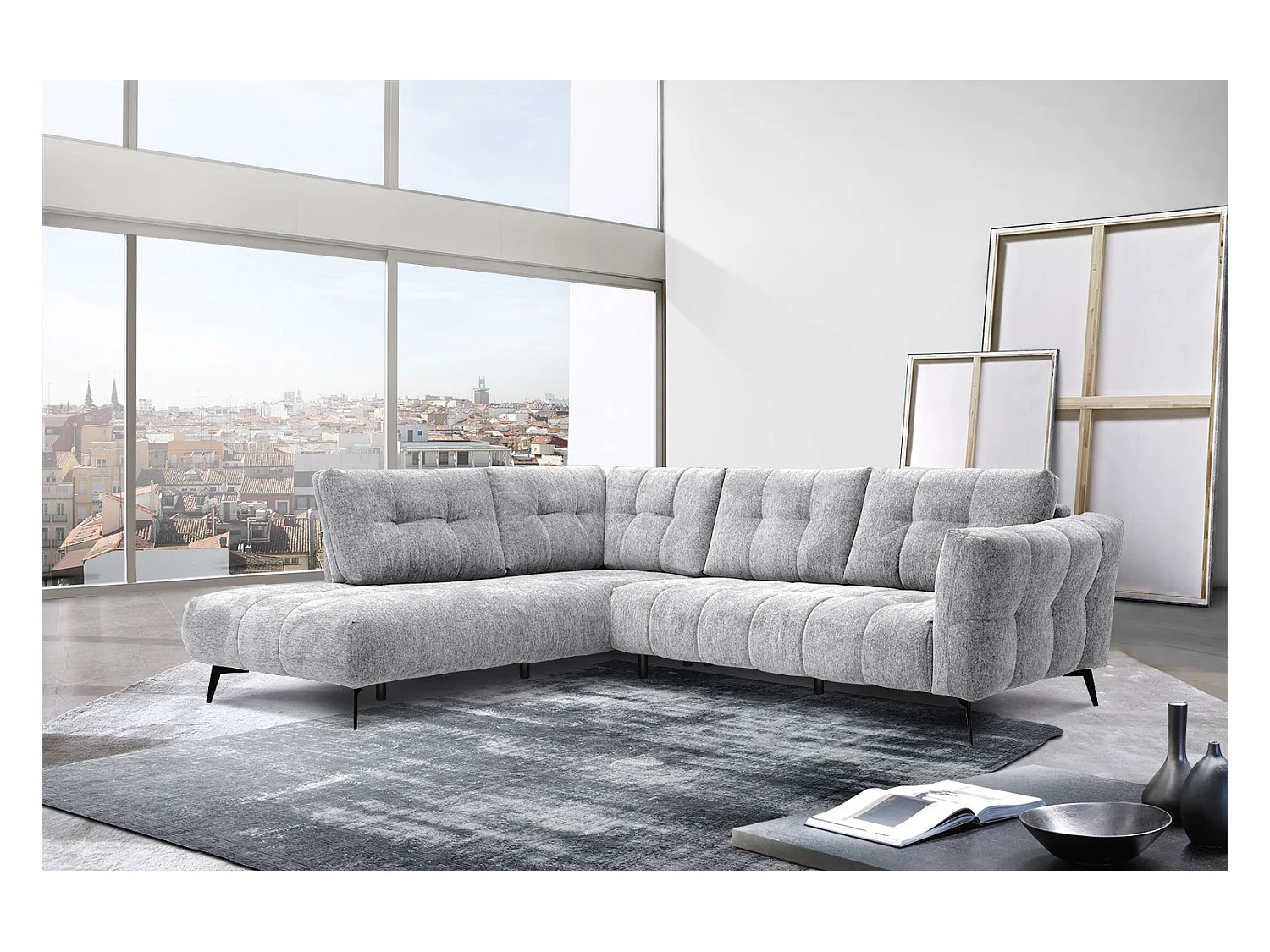 Canapé d'angle gauche 5 places tissu gris clair