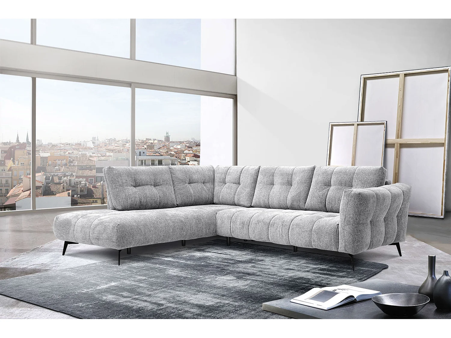 Canapé d'angle gauche 5 places tissu gris clair