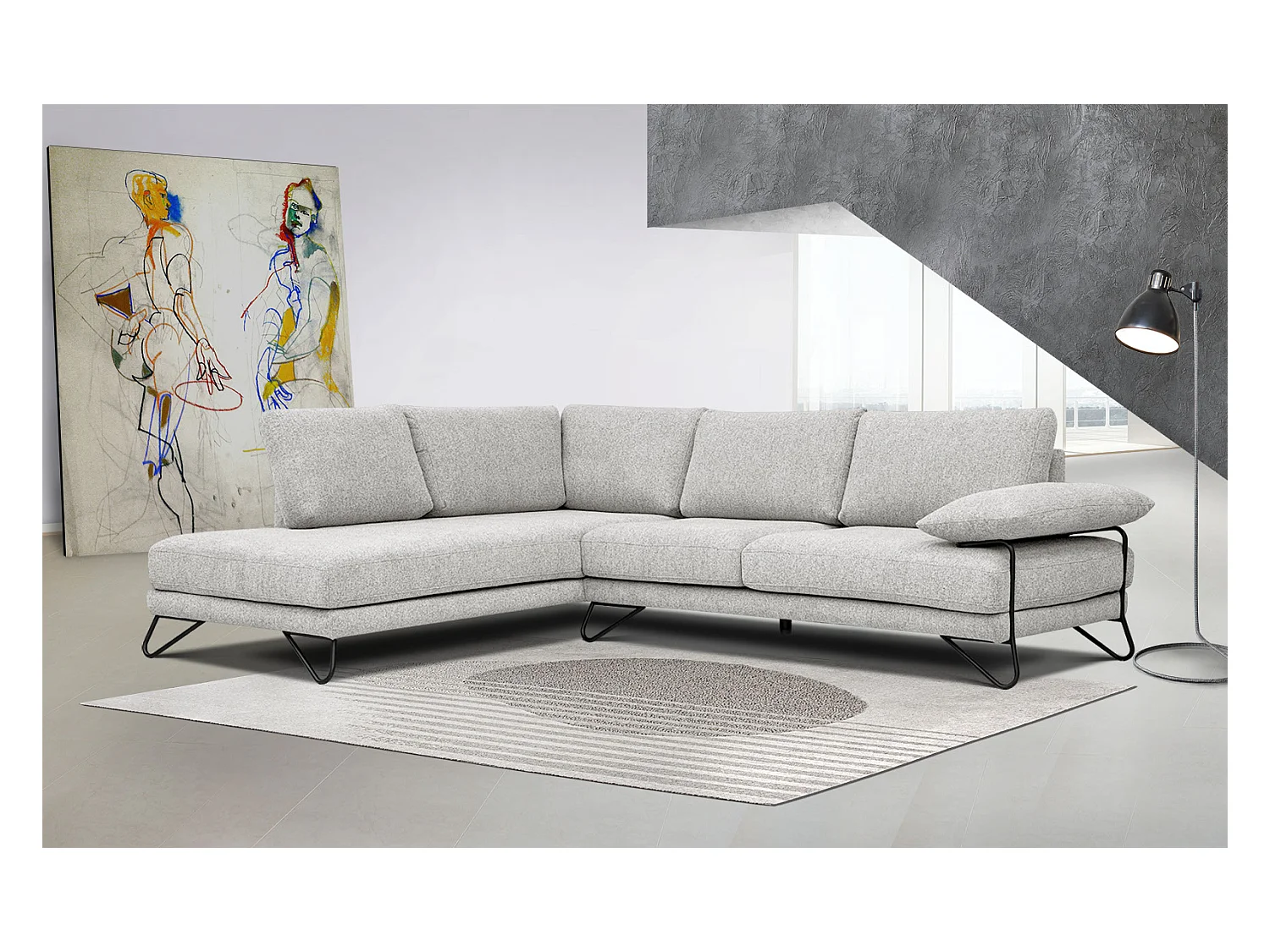 Canapé d'angle gauche 5 places tissu beige - Lori