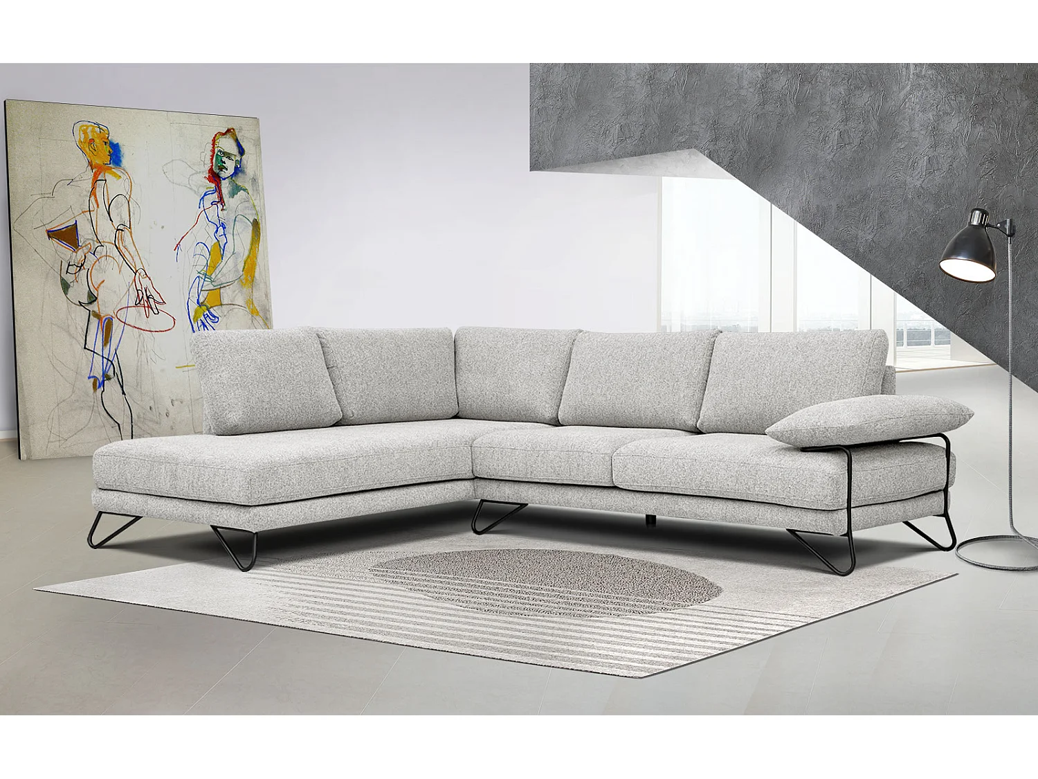 Canapé d'angle gauche 5 places tissu beige - Lori