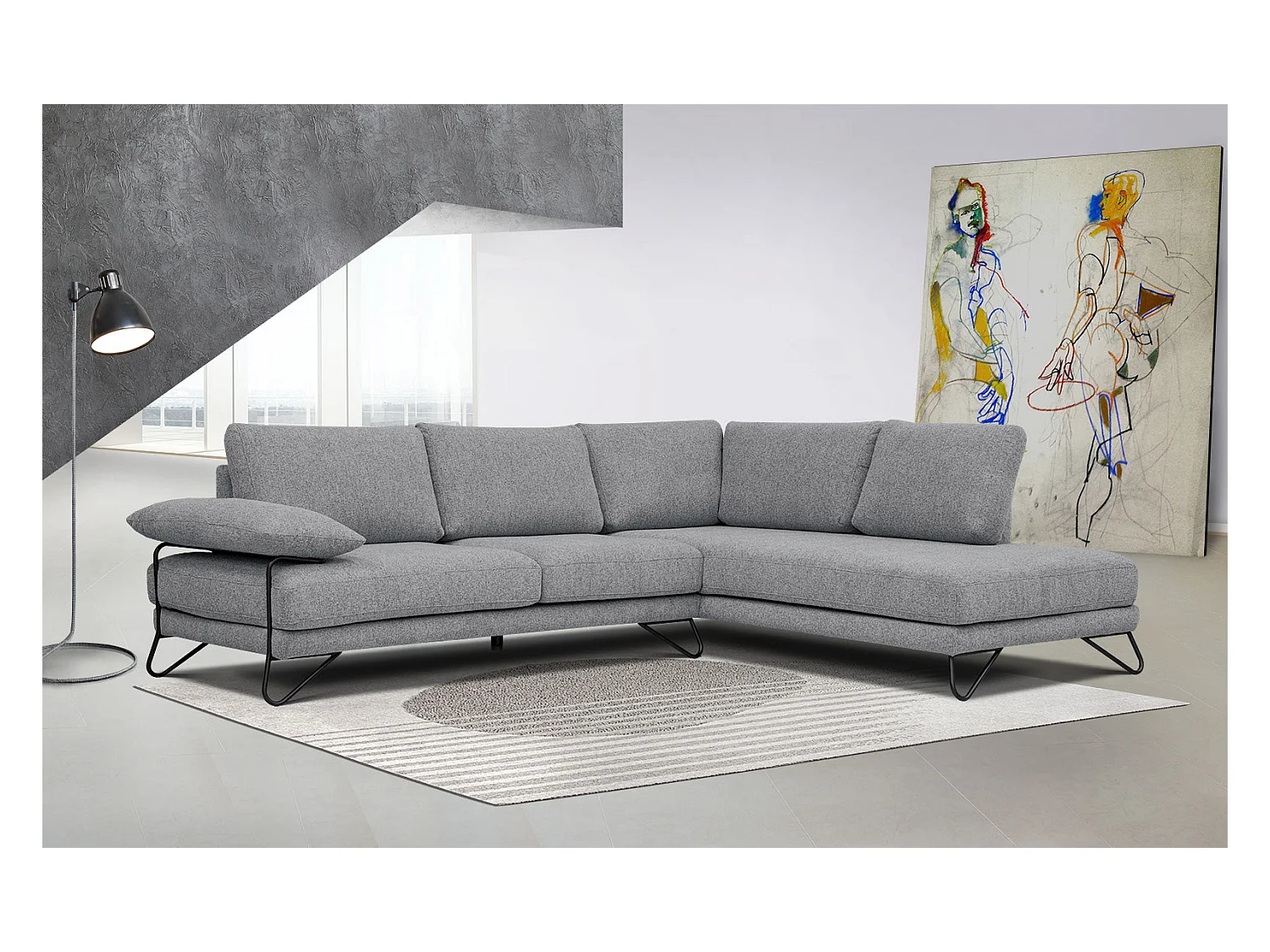 Canapé d'angle droit 5 places tissu gris moyen - Lori