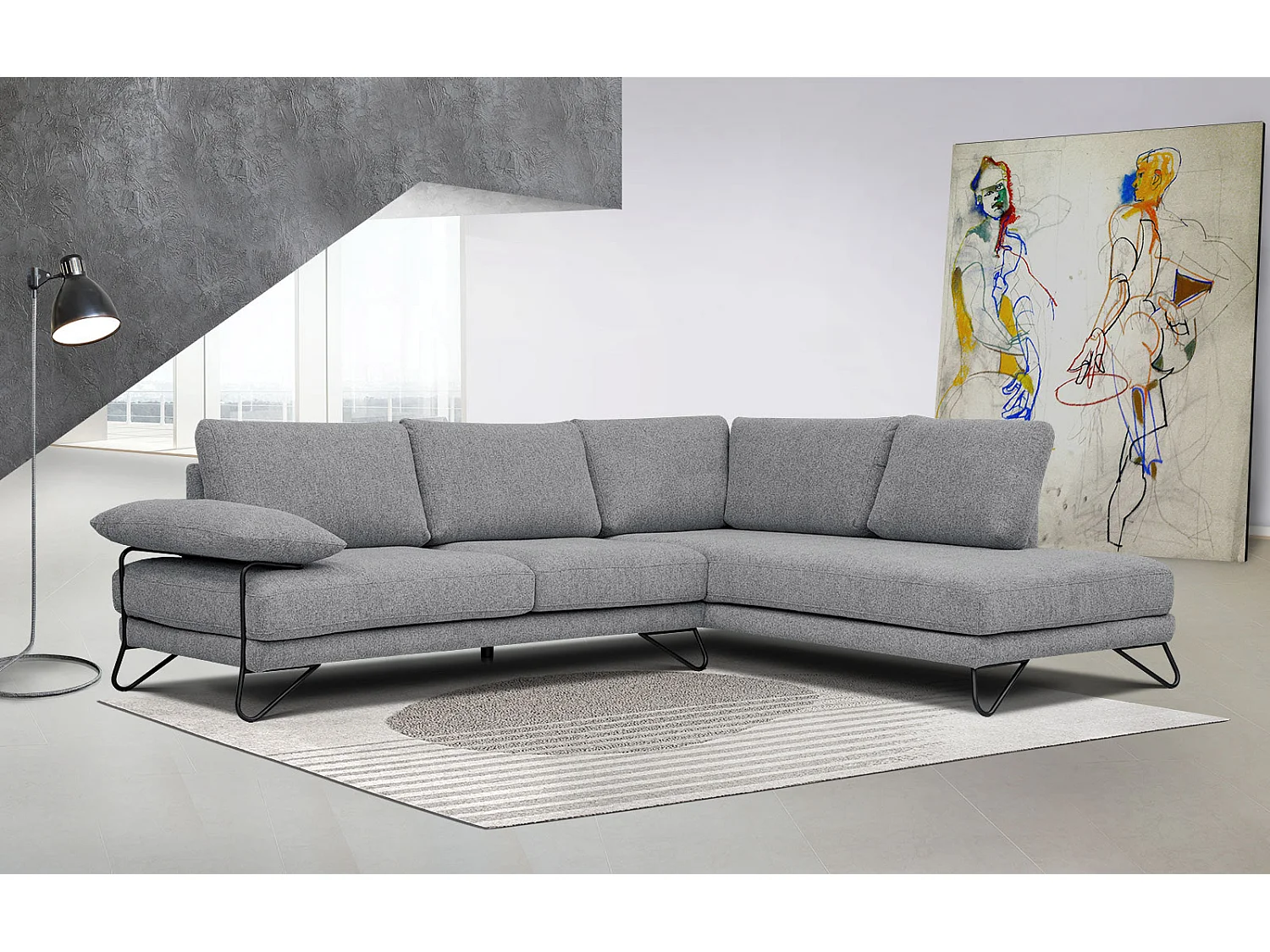 Canapé d'angle droit 5 places tissu gris moyen - Lori