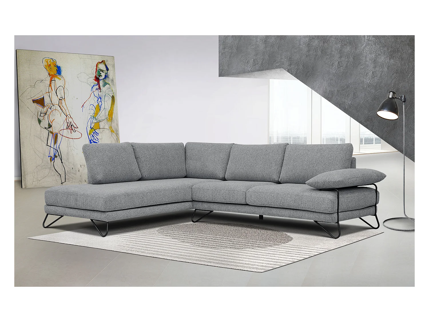 Canapé d'angle gauche 5 places tissu gris moyen - Lori