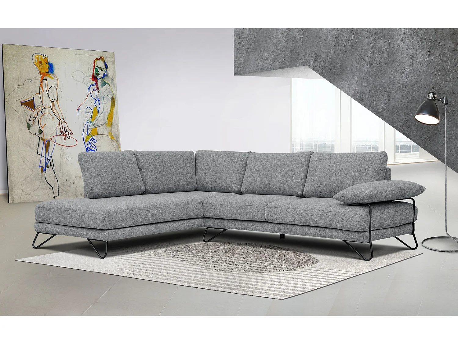 Canapé d'angle gauche 5 places tissu gris moyen - Lori