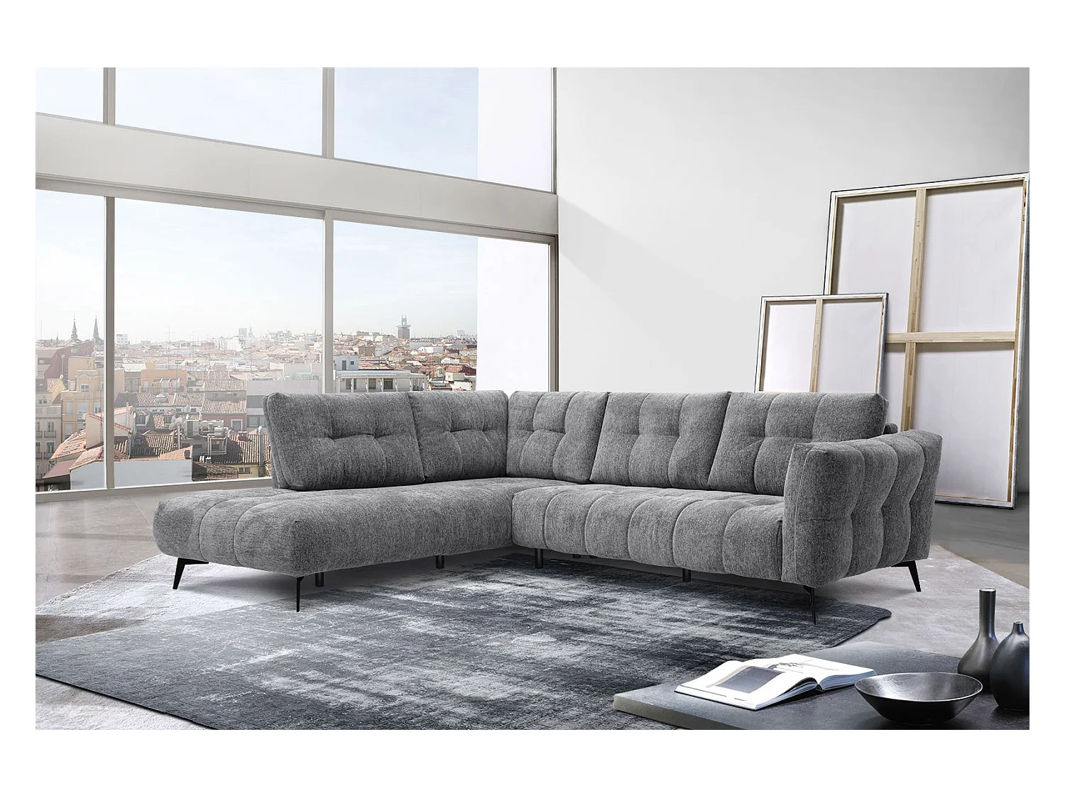 Canapé d'angle gauche 5 places tissu gris moyen