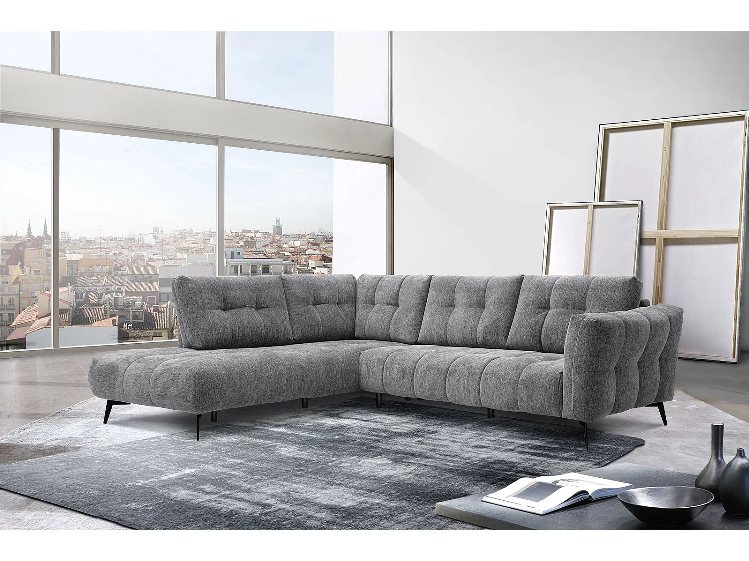 Canapé d'angle gauche 5 places tissu gris moyen