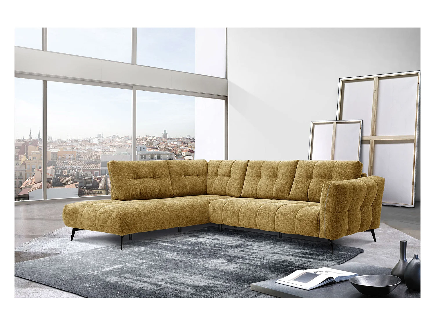 Canapé d'angle gauche 5 places tissu jaune