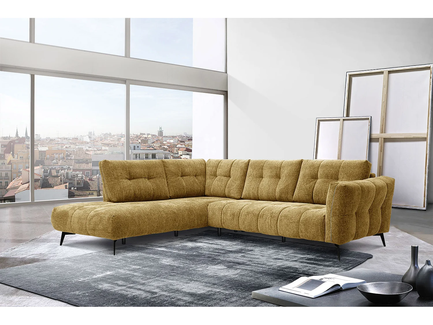 Canapé d'angle gauche 5 places tissu jaune