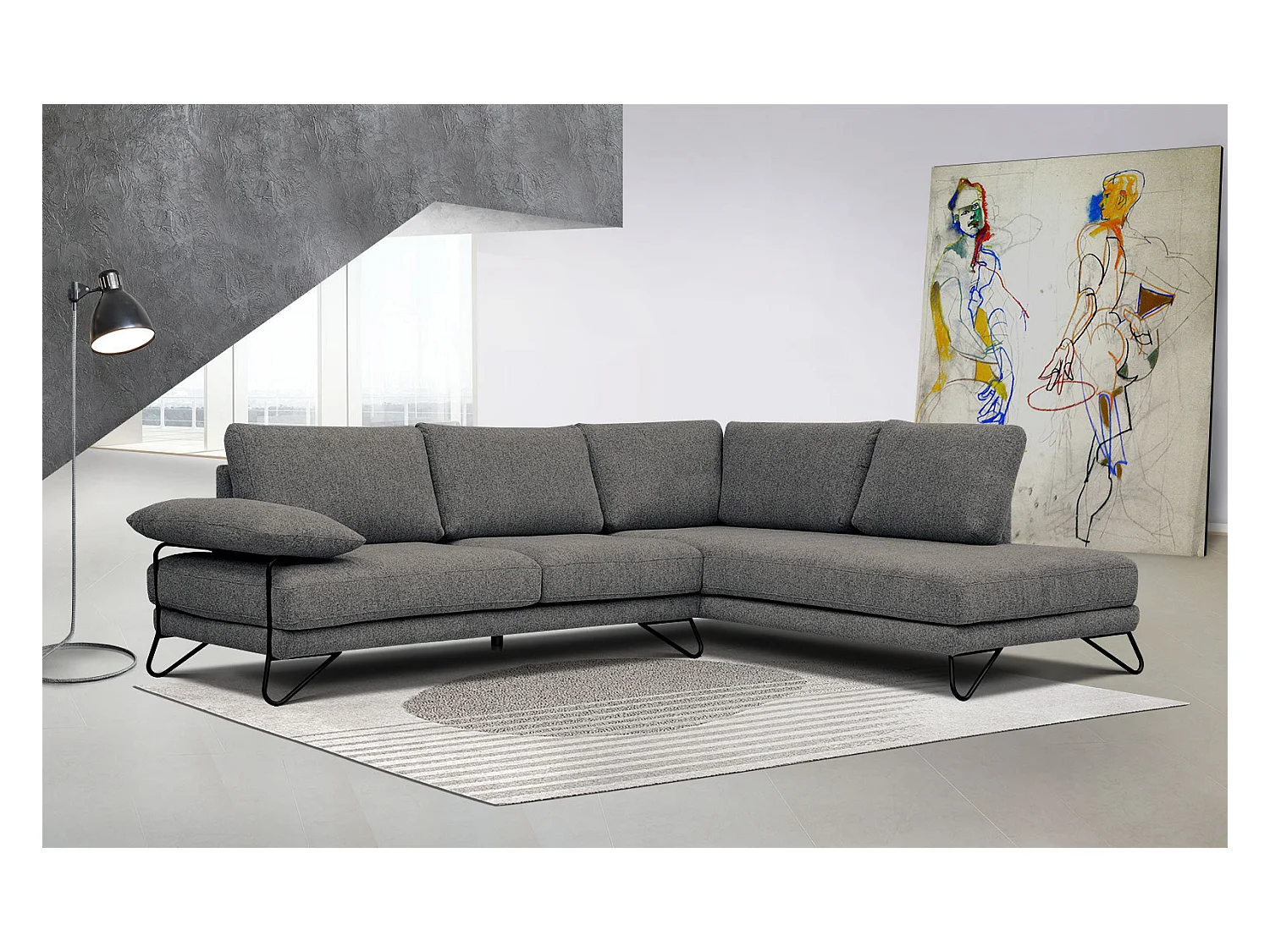 Canapé d'angle droit 5 places tissu gris - Lori