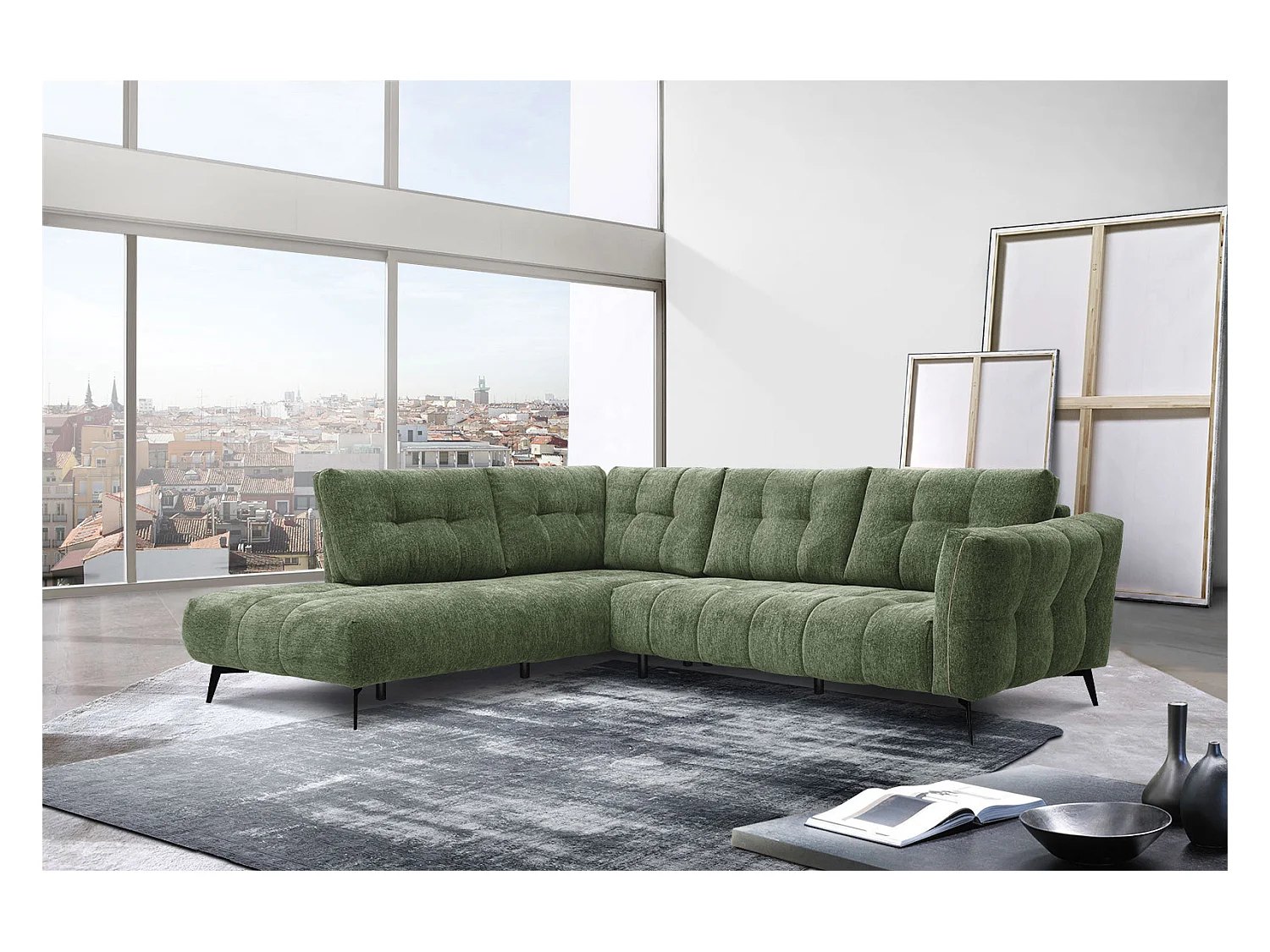 Canapé d'angle gauche 5 places tissu vert