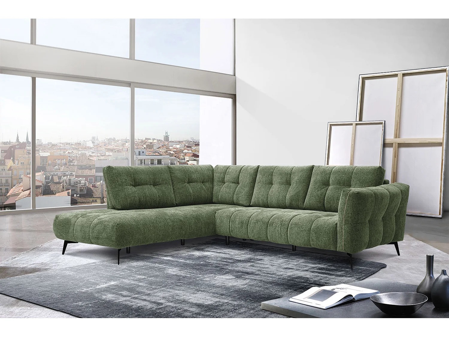 Canapé d'angle gauche 5 places tissu vert