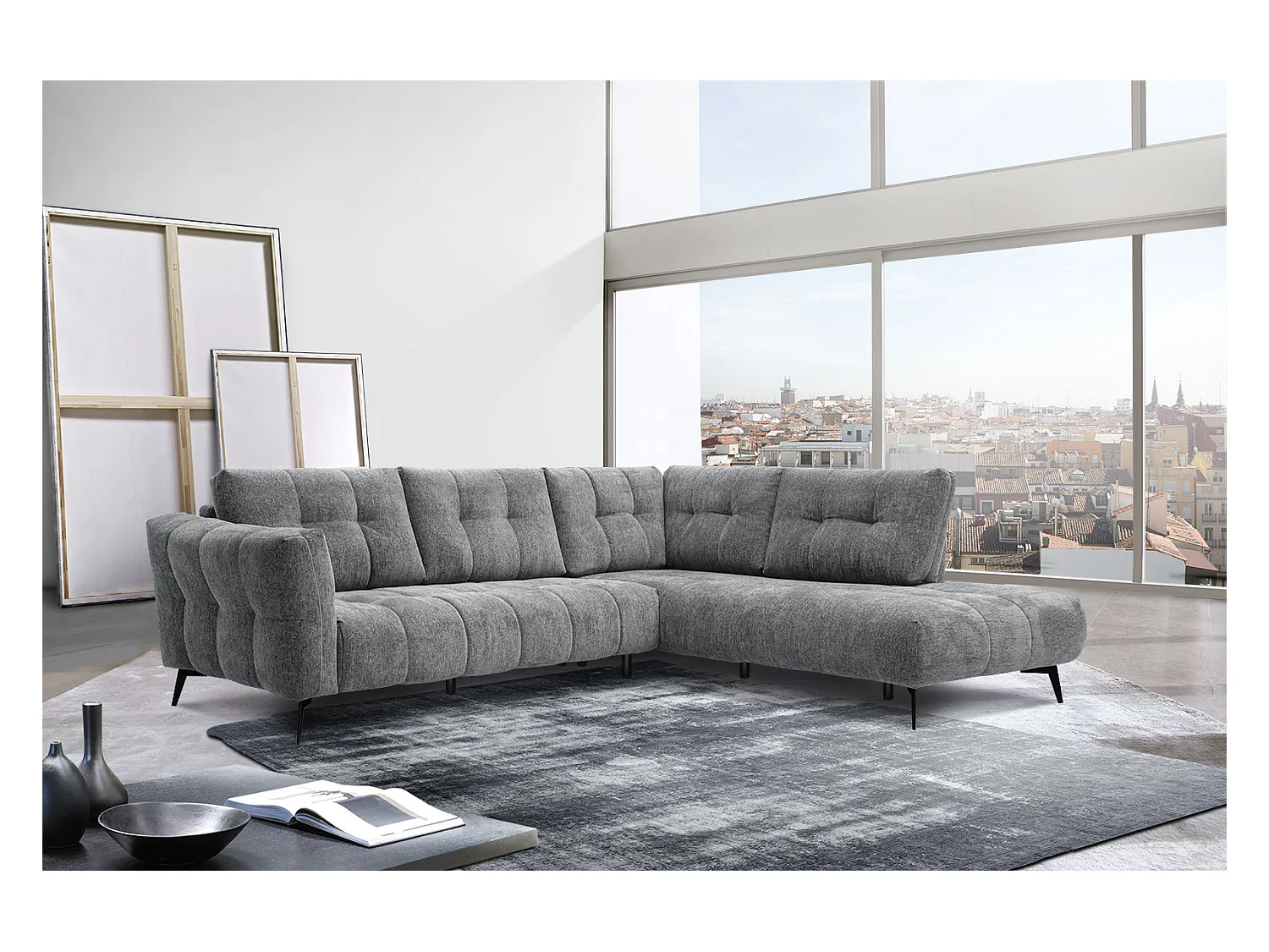 Canapé d'angle droit 5 places tissu gris moyen