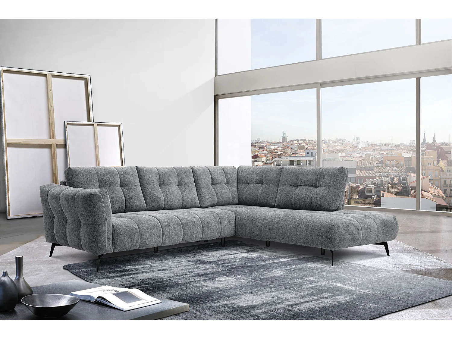 Canapé d'angle droit 5 places tissu gris moyen