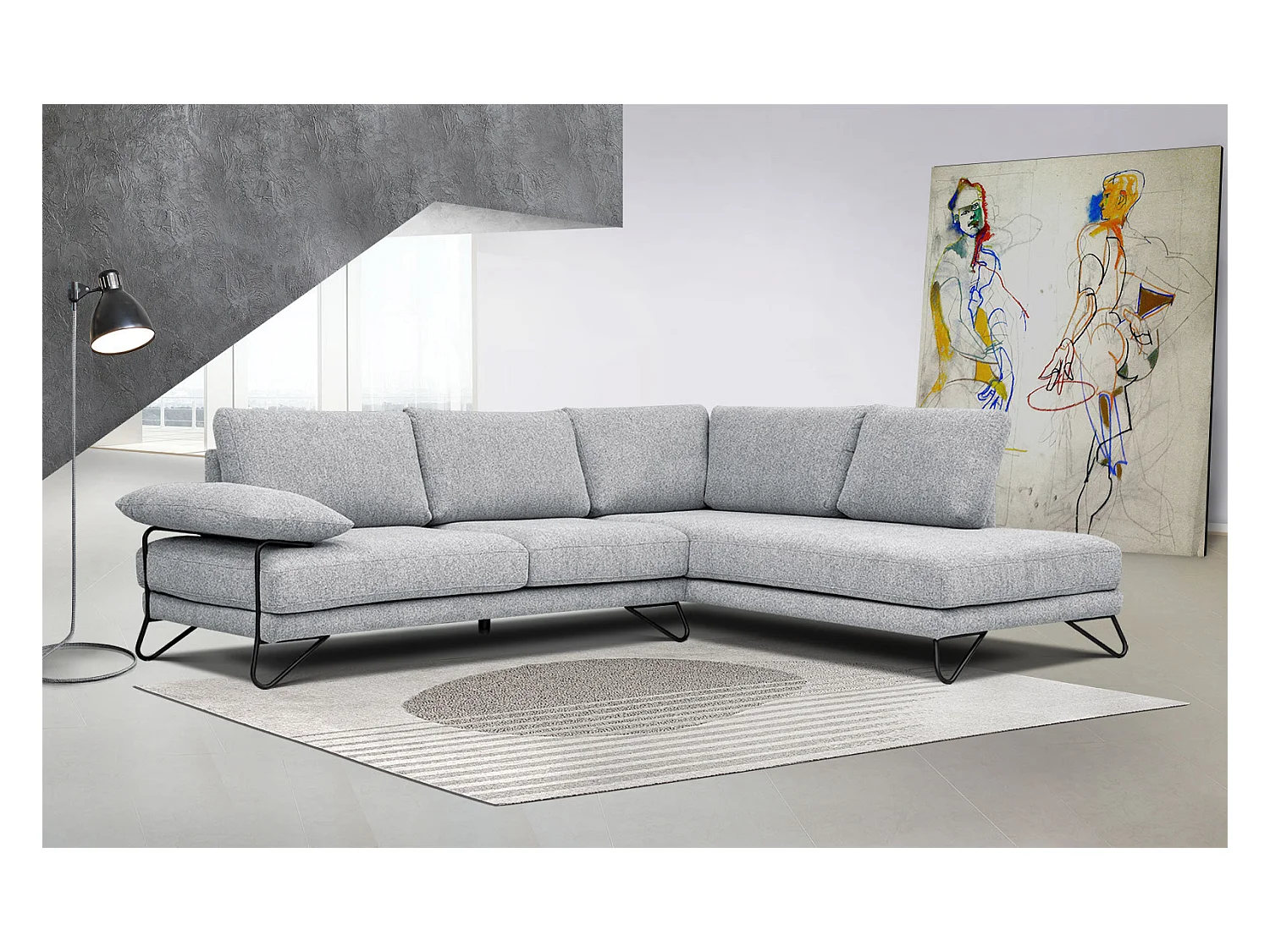 Canapé d'angle droit 5 places tissu gris clair - Lori