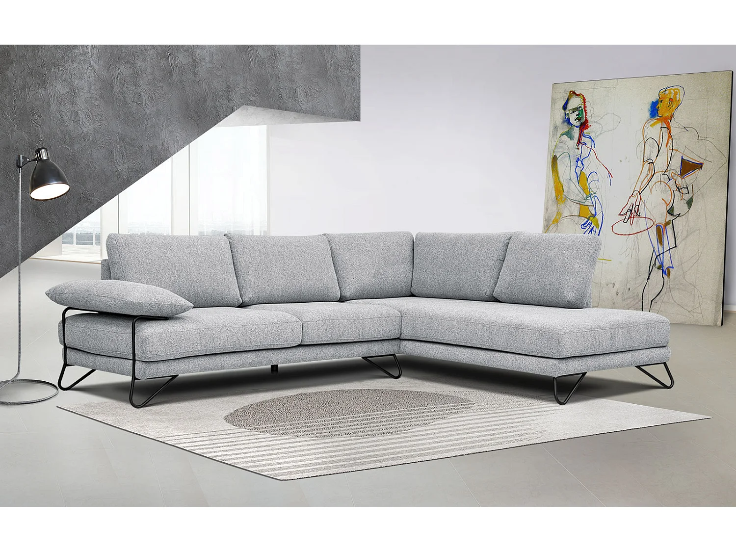 Canapé d'angle droit 5 places tissu gris clair - Lori