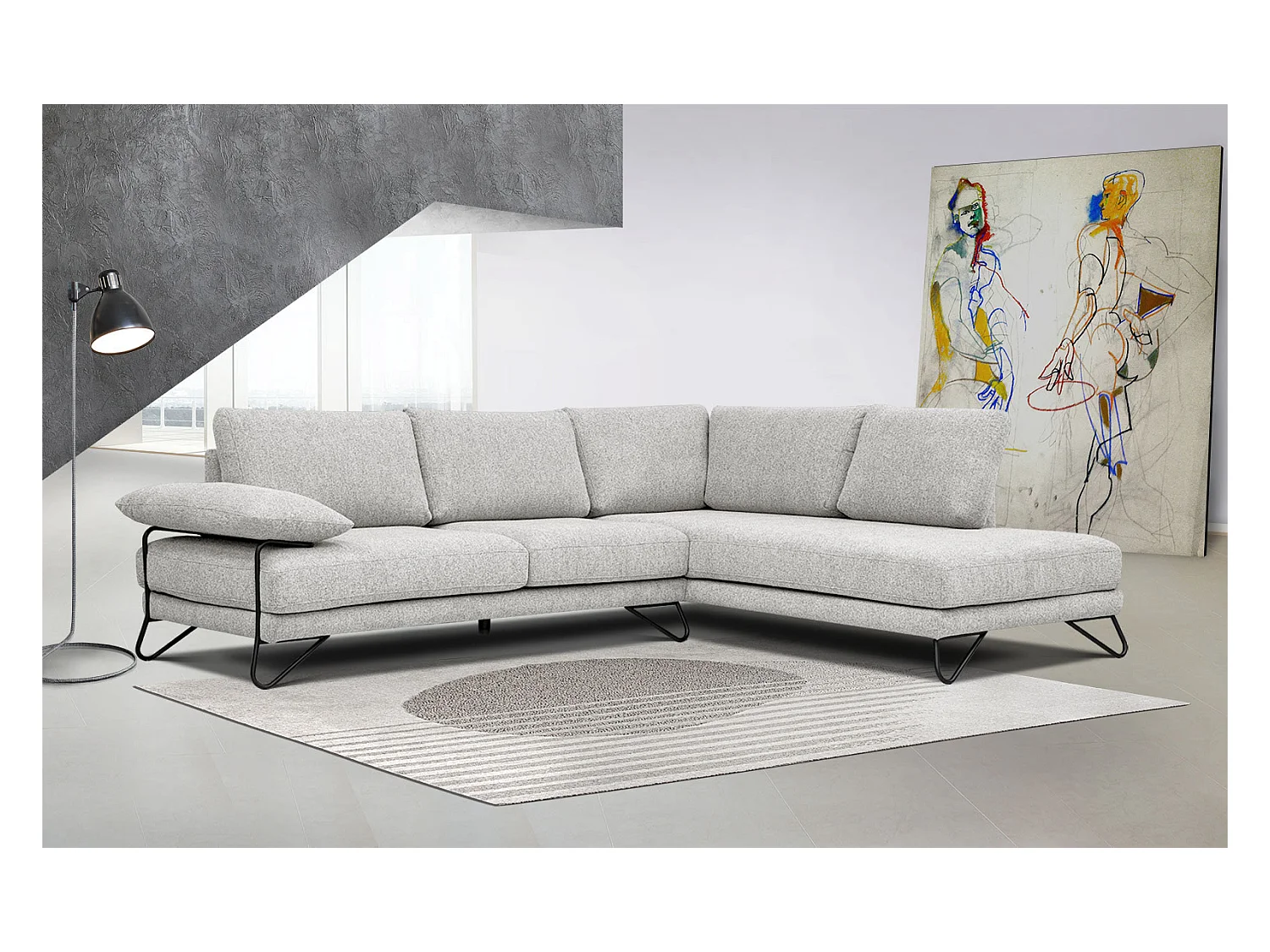 Canapé d'angle droit 5 places tissu beige - Lori