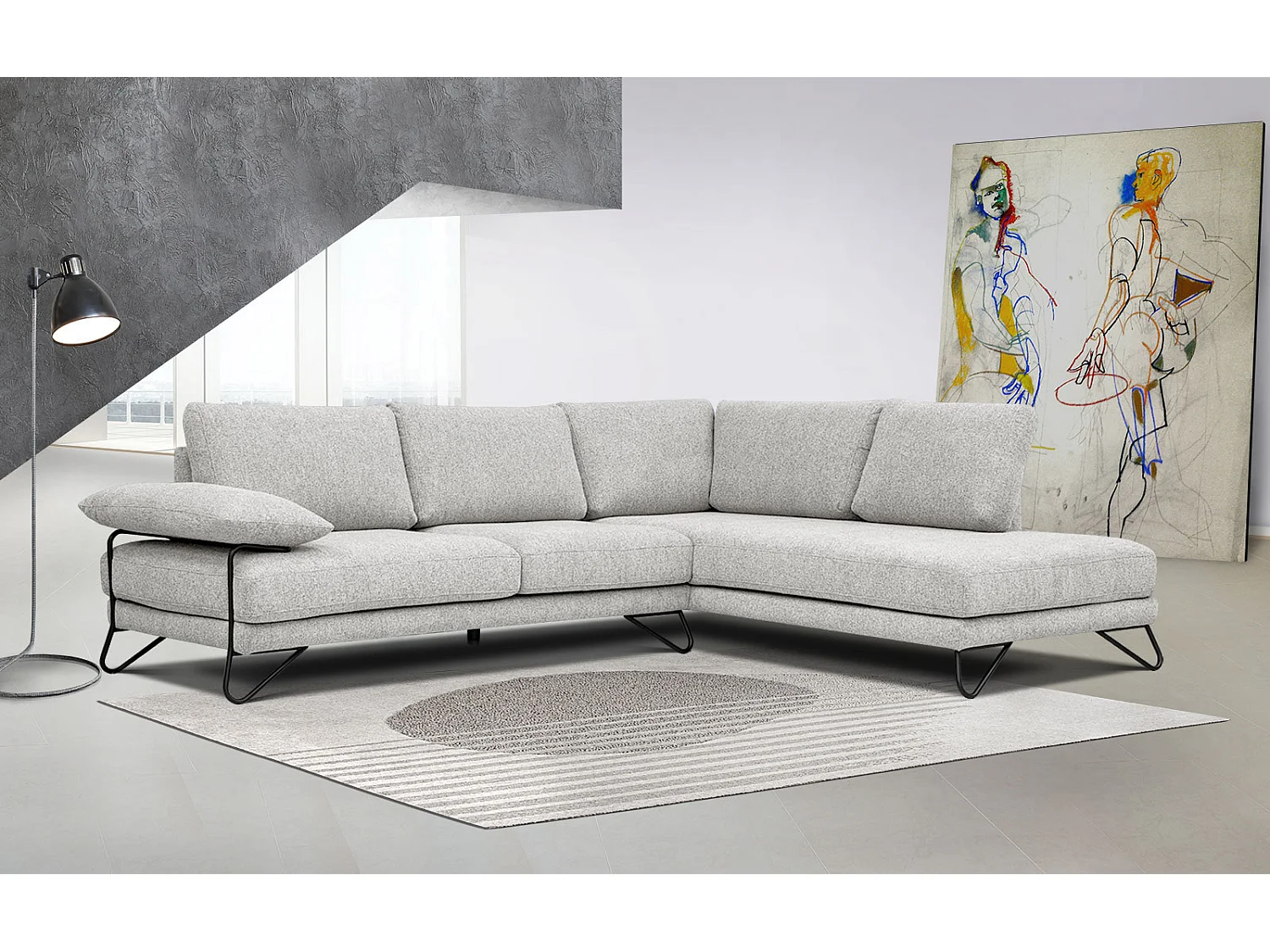 Canapé d'angle droit 5 places tissu beige - Lori