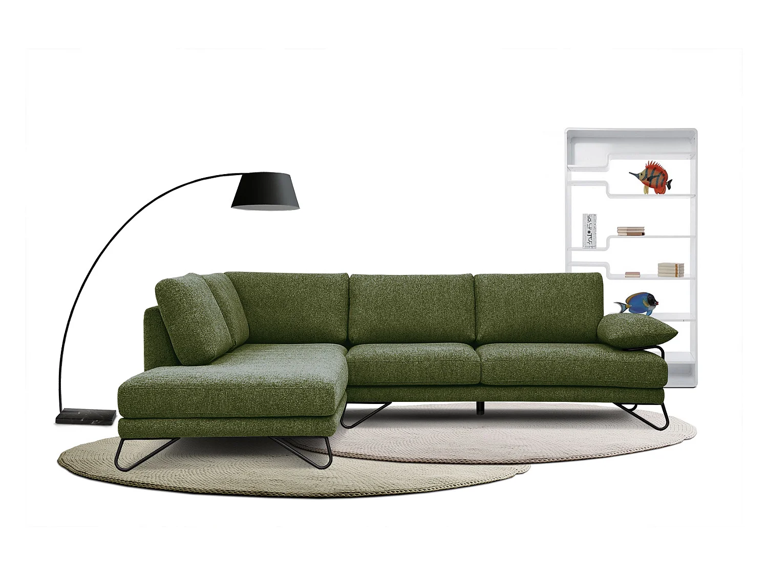 Canapé d'angle gauche 5 places tissu vert foncé - Lori