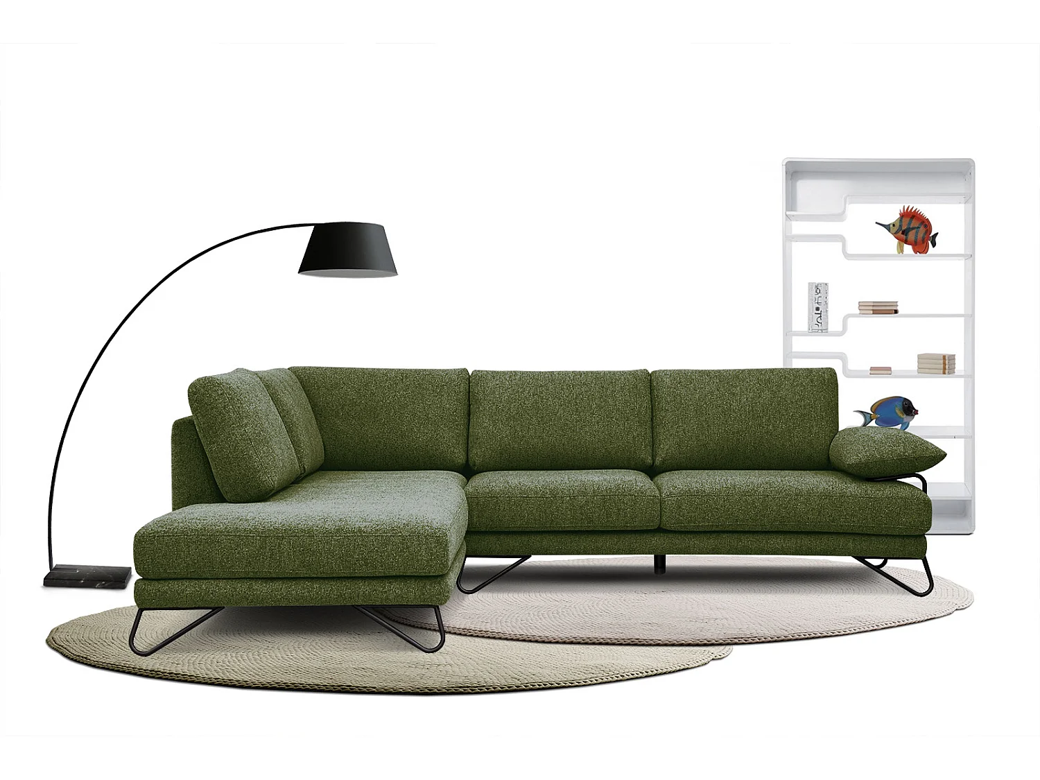 Canapé d'angle gauche 5 places tissu vert foncé - Lori