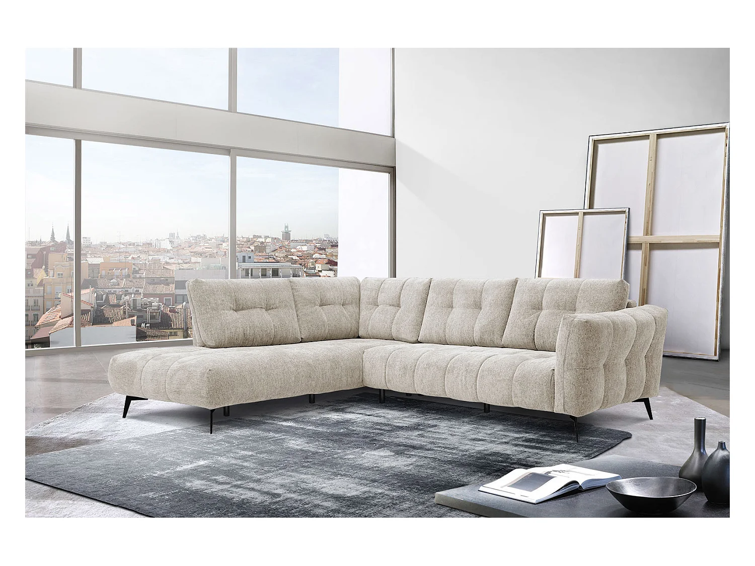 Canapé d'angle gauche 5 places tissu beige