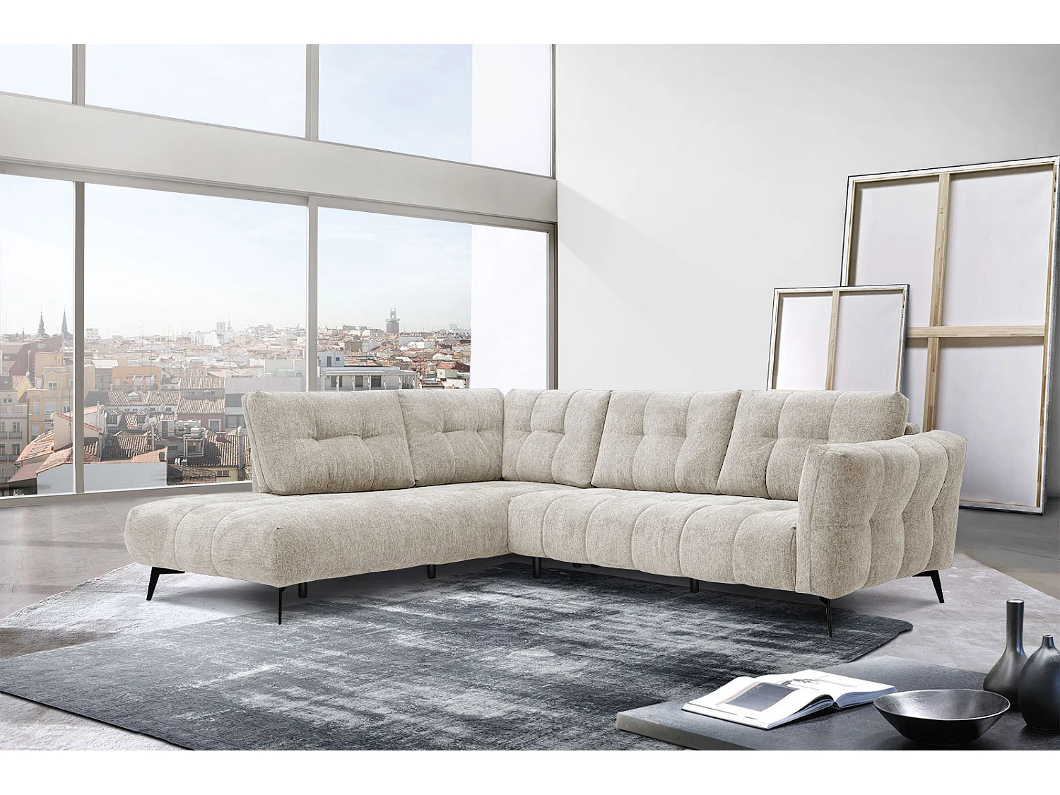 Canapé d'angle gauche 5 places tissu beige