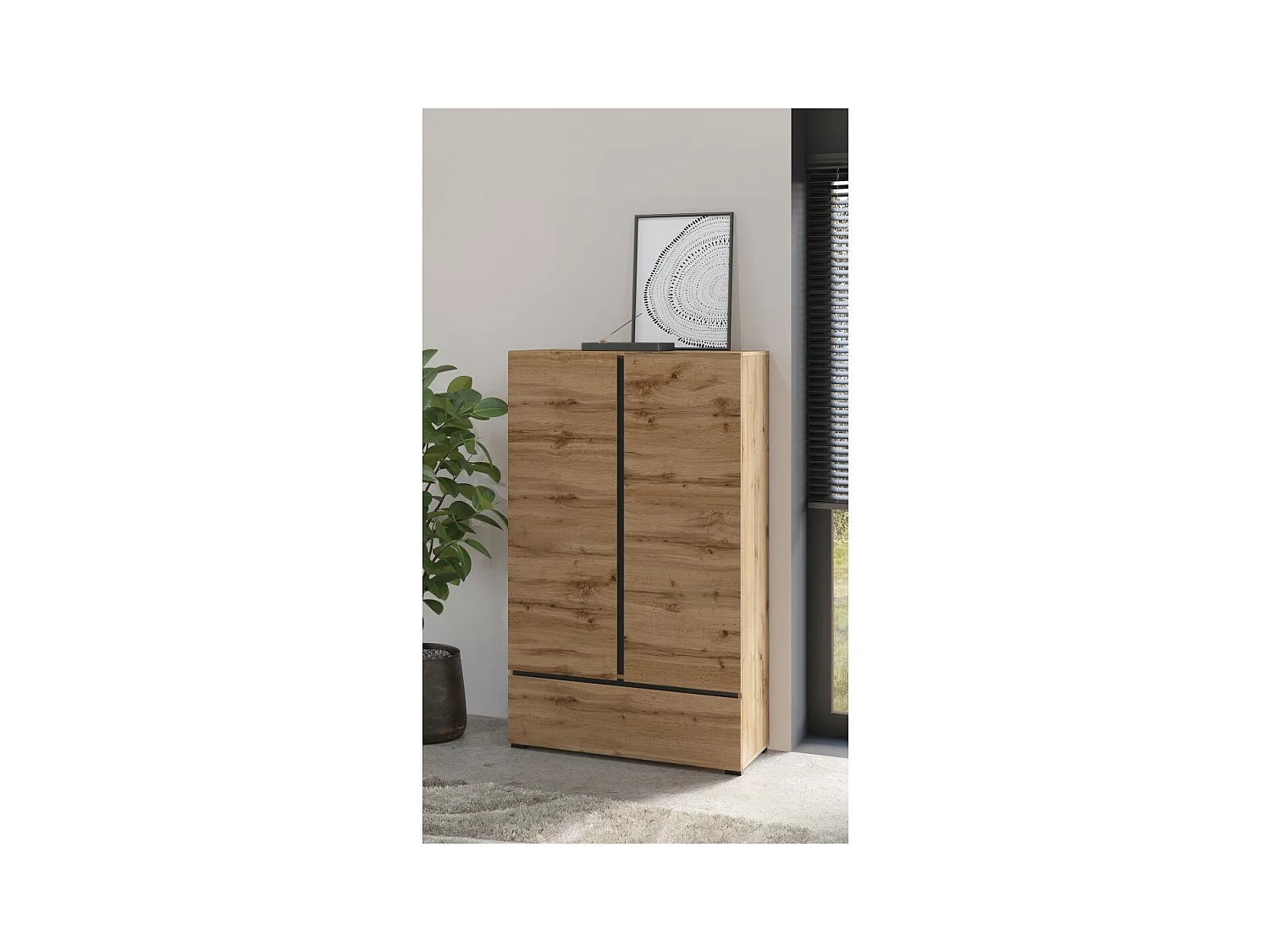 Armario de almacenamiento HAVANA en roble y negro con 2 puertas y 1 cajón - Mueble moderno y compacto para dormitorio