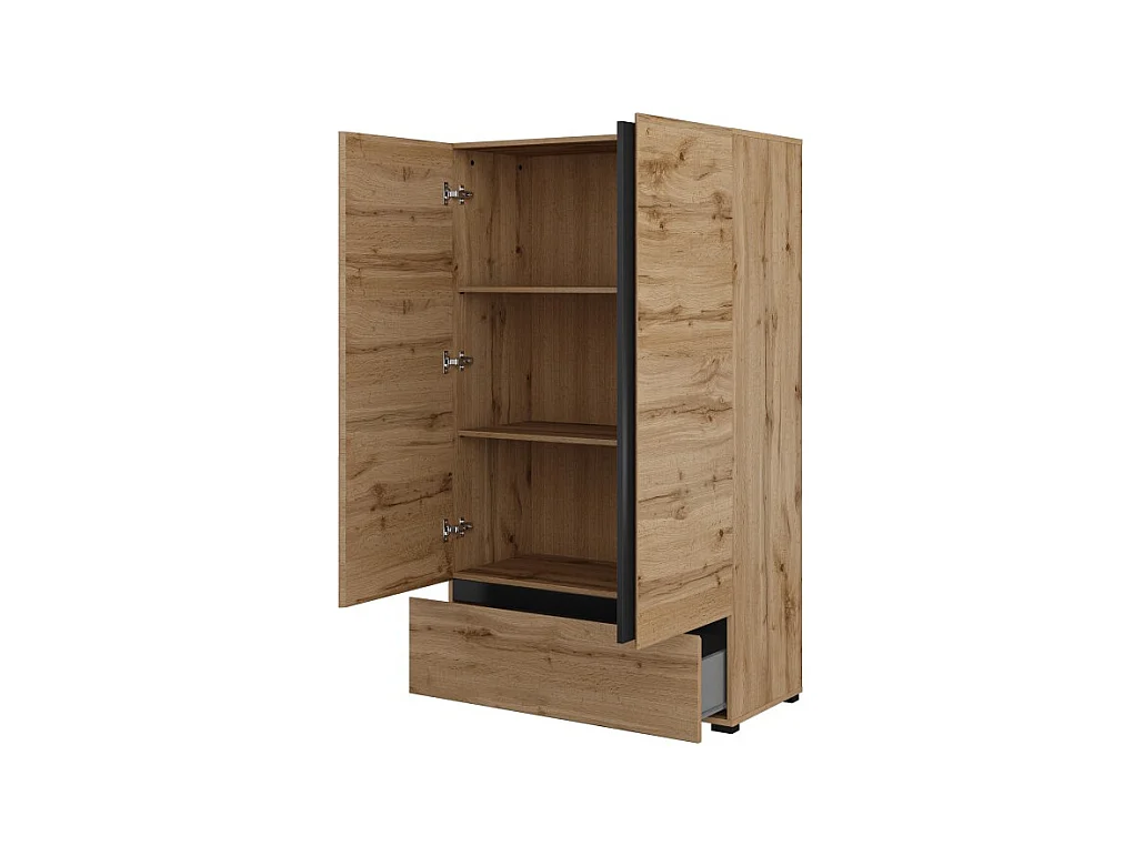 Armario de almacenamiento HAVANA en roble y negro con 2 puertas y 1 cajón - Mueble moderno y compacto para dormitorio