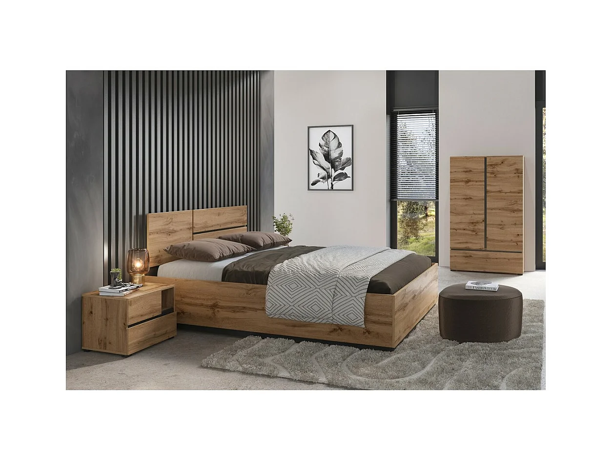 Armario de almacenamiento HAVANA en roble y negro con 2 puertas y 1 cajón - Mueble moderno y compacto para dormitorio