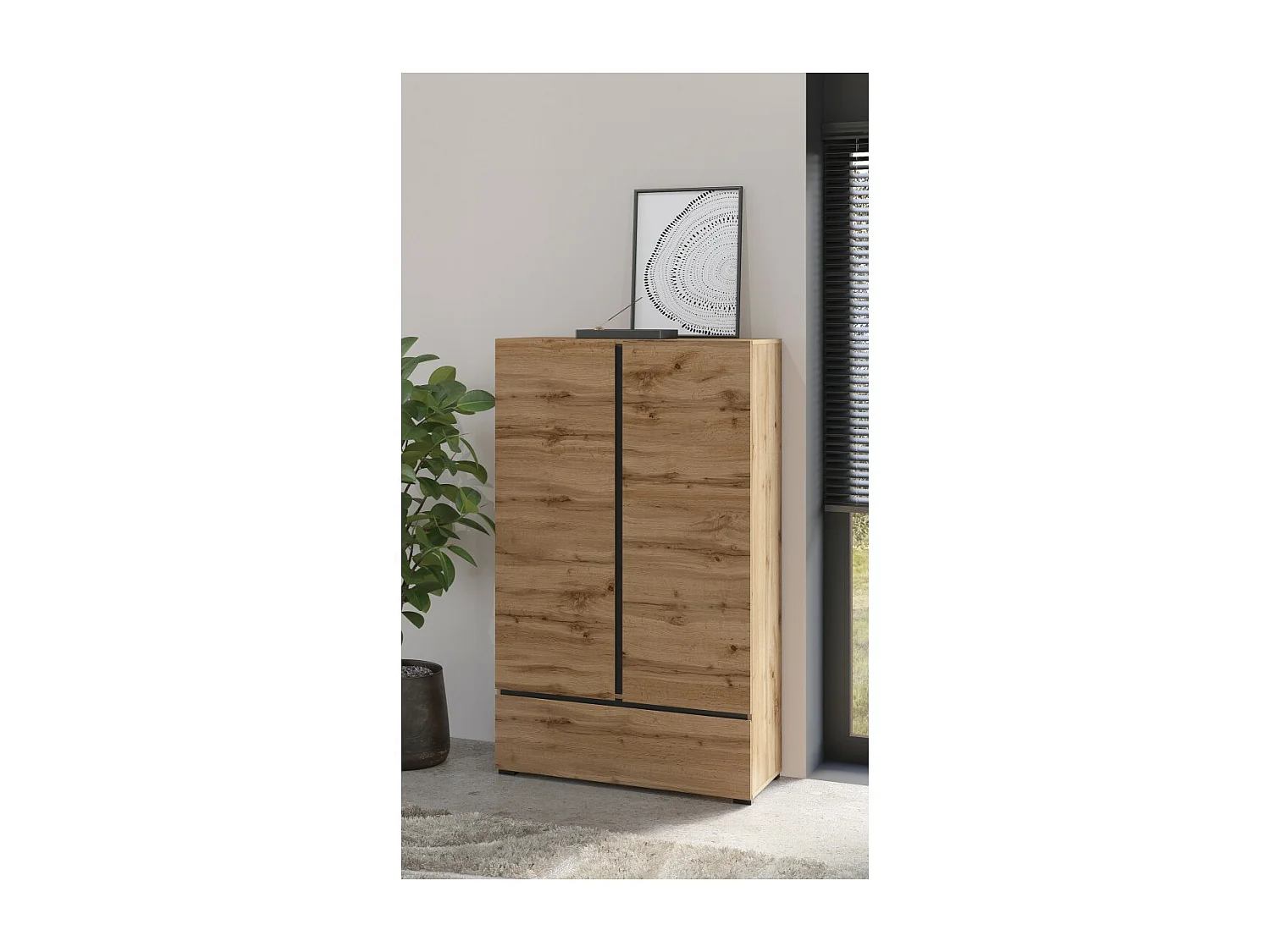 Armario de almacenamiento HAVANA en roble y negro con 2 puertas y 1 cajón - Mueble moderno y compacto para dormitorio